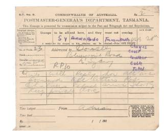 Telegraph to Donnelly at Bluespoint Road, North Sydney, from Adrian Donnelly on AURORA