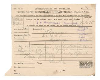 Telegraph addressed to Thomson at Park Road, Sydney from Leslie Thomson on AURORA