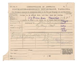 Telegraph to the Australian Prime Minister from Commander Stenhouse on AURORA