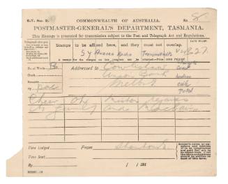 Telegraph to Cowlishaw, Union Bank, from Joseph Stenhouse on SY AURORA