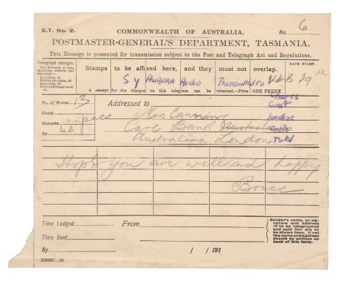 Telegraph to Mrs Canning, Care Bank Australasia, from Bruce on SY AURORA