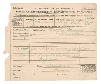 Telegraph to George Fenwick from Joseph Stenhouse on SY AURORA