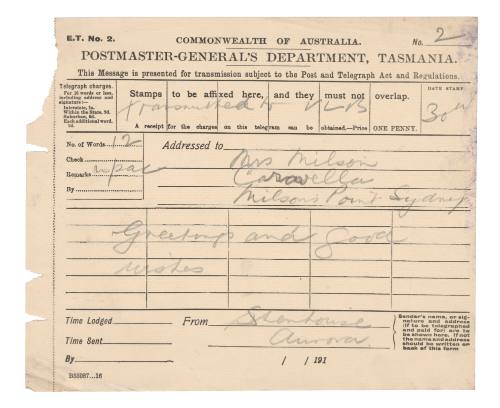 Telegraph to Mrs Milson Caravella from Joseph Stenhouse on SY AURORA