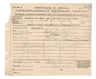 Telegraph to Mrs Milson Caravella from Joseph Stenhouse on SY AURORA