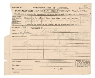 Telegraph to Mrs Fairfax  from Joseph Stenhouse on SY AURORA