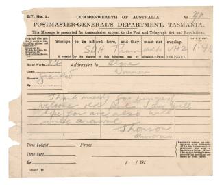 Telegraph to Wimmera from Leslie Thomson on SY AURORA