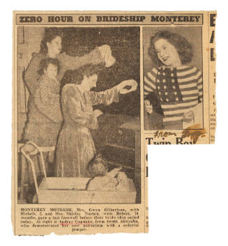 Newspaper clipping of an article referring to the sailing of the MONTEREY and reference is made to Audrey Capuano and her knitted jumper