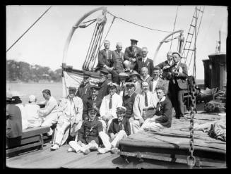 Crew and officials on a spectator vessel during the Pittwater Regatta