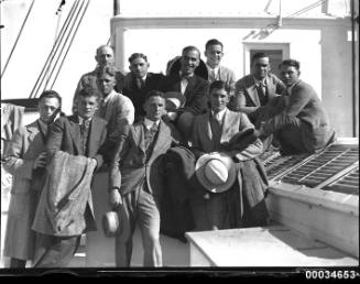 American baseballers gathered at a Movietone event on board SS SIERRA