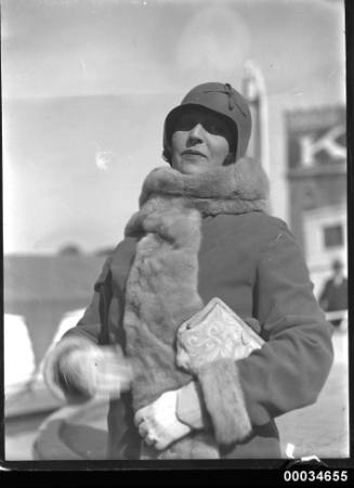 Portrait of a woman at a Movietone event on board SS SIERRA