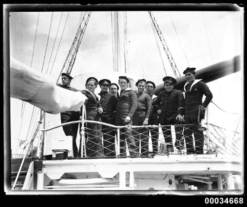 Sailors on board the French warship BELLATRIX in Sydney