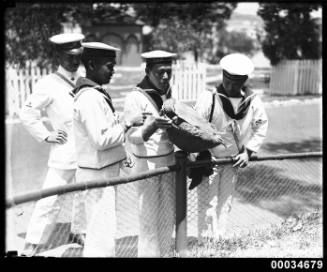 Japanese sailors from the Imperial Naval Squadron with a turtle at Taronga Zoo