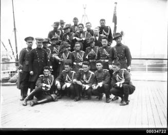 Uniformed men possibly from a military band on board the ship WELLINGTON