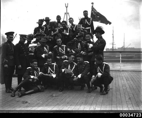 Uniformed men possibly from a military band on board the ship WELLINGTON