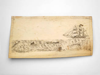 Whalebone plaque with scrimshawed whaling scene