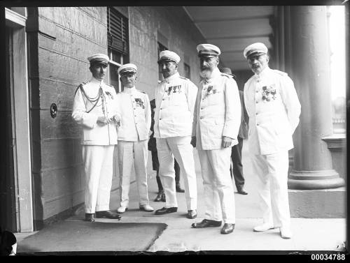 French Naval officers at the entrance to Parliament House in Sydney