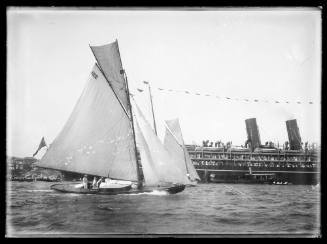 Possibly a largegaff rigged cutter passes a steamer on Sydney Harbour, inscribed 564