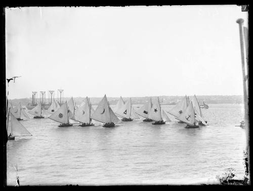 18-footer Championship start at Clark island, Sydney Harbour, inscribed 418