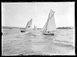 Three 18-footers approach Shark Island with an unidentified yacht closest to camera.  Inscribed 435