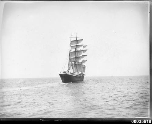 Sailing barque at sea stern starboard view