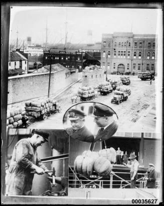 Collage photograph concerning wool bale delivery at Walsh Bay wharves