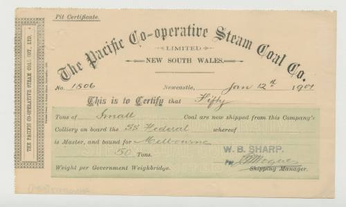 Pit Certificate, The Pacific Cooperative Steam Coal Company, 12th January 1901