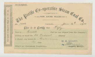 Pit Certificate, The Pacific Cooperative Steam Coal Company, 12th January 1901