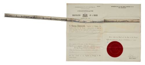 Commonwealth of Australia Certificate of Registration of a Design. No. 107. Muriel Binney, 16 October 1907