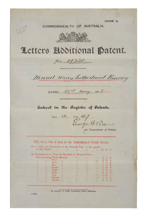 Improved folding bassinet or cot Commonwealth of Australia certificate of patent issued to Muriel Mary Sutherland Binney, 23 May 1908