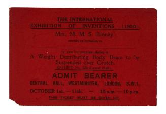 Muriel Binney extends an invitation to view her invention relating to a weight distributing body brace to be suspended over crutch at the International Exhibition of Inventions