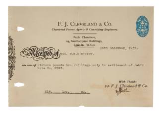 F J Cleveland & Co, Chartered Patent Agents receipt issued to Muriel Binney for the settlement of debit note number 2193, 16 December 1937