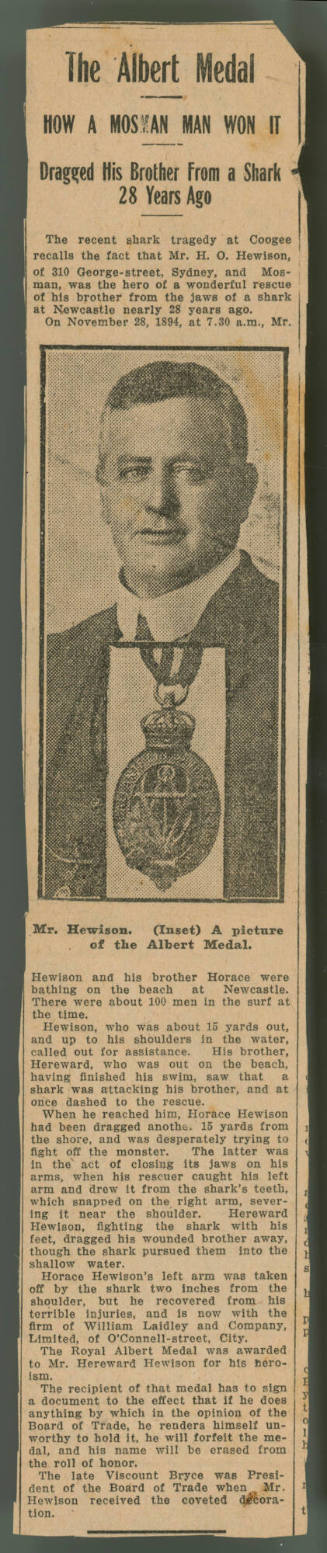 Newspaper clipping titled The Albert Medal, How a Mosman Man Won It, Dragged His Brother From a Shark 28 Years Ago