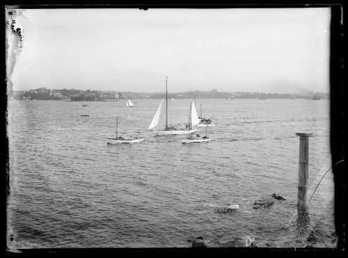 Sloops passing Bradley's Head, Sydney Harbour