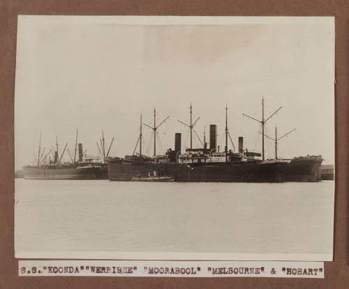 Five cargo vessels berthed at wharf - SS KOONDA, WERRIBEE, MOORABOOL, MELBOURNE and HOBART