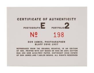 Certificate of Authenticity for Photograph E - Bluff Cove 1937