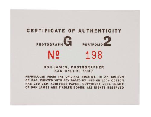 Certificate of Authenticity for Photograph G - San Onofre 1937