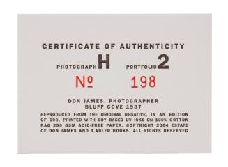 Certificate of Authenticity for Photograph H - Bluff Cove 1937