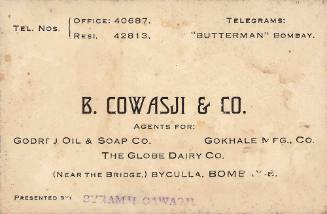 Business card collected by Oskar Speck for B Cowasji & Co Agents for Godreu Oil & Soap Co Gokhale