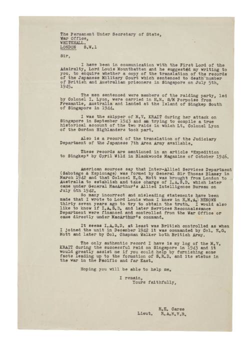 Letter to Under Secretary of State, War Office, from Lieutenant Carse