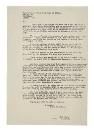 Letter to Under Secretary of State, War Office, from Lieutenant Carse