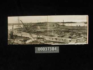 Panoramic view from Potts Point showing excavation in progress with steam and diesel shovels and drag-line excavators