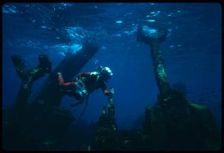 Valerie Taylor holding a camera inspecting a wreck on a dive