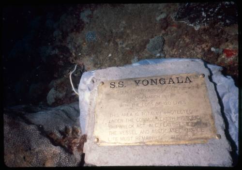 A close up view of a gold plaque commemorating the wreck of the SS Yongala in Queensland, Australia
