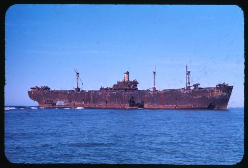 A rusted shipwreck in the Coral Sea.