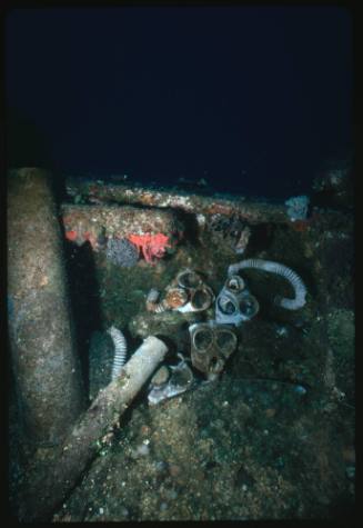 Four gasmasks lying on a submerged shipwreck at Truk Lagoon, Micronesia