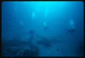 Three divers exploring the wreck of a WW2 U.S bomber plane located in Papua New Guinea