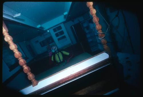 Valerie Taylor sitting at a table in the dining and kitchen area of a wreck