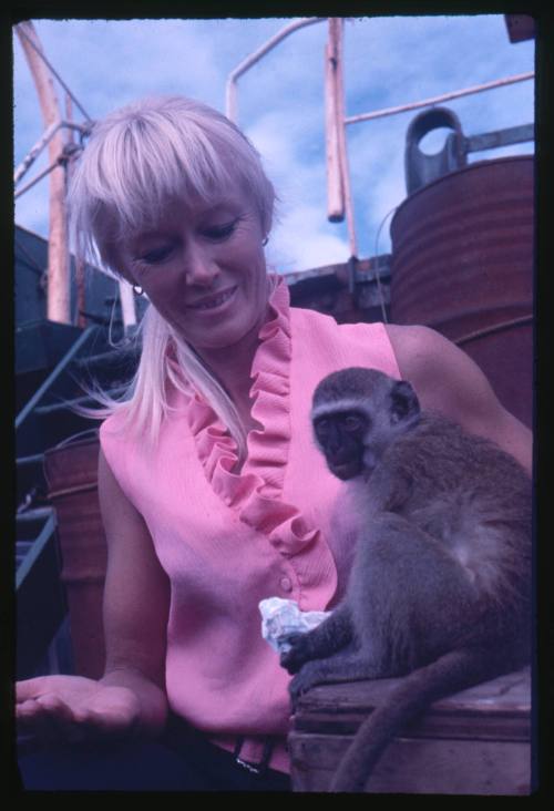 Valerie Taylor and a Vervet Monkey onboard the Terrier VIII vessel