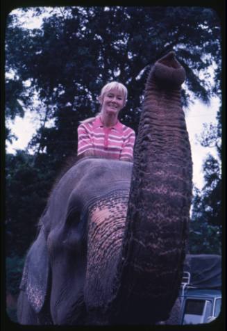 Valerie Taylor sitting on an elephant