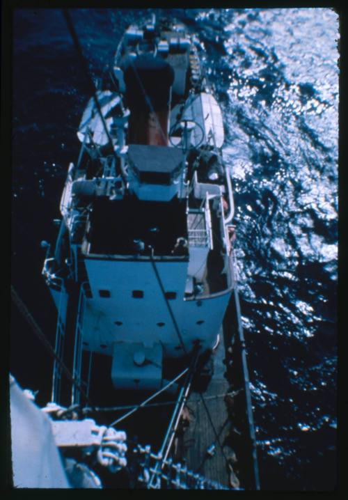 A birds eye view of a whaling vessel on the water in Durban, South Africa